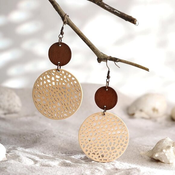 Bohemian Hollow Cut-Out Wood Leather Dangle Drop Earrings, Boho Chic Hippie Stat - Picture 4 of 7